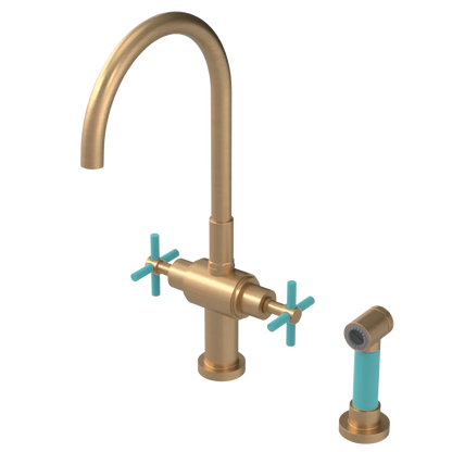 Rubinet Two Handle Single Hole Kitchen Set with LaSalle Spout with Hand Spray Satin Gold