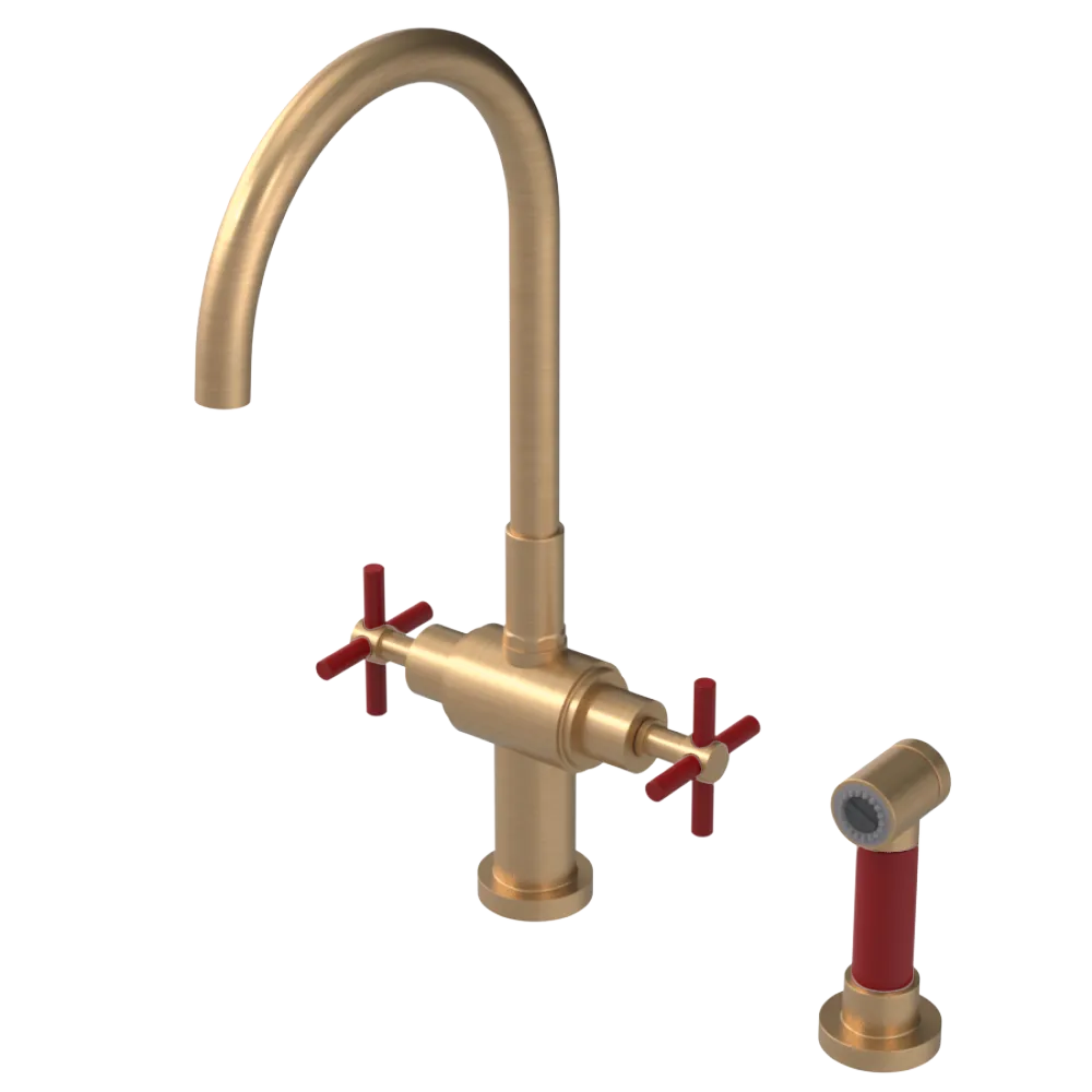 Rubinet Two Handle Single Hole Kitchen Set with LaSalle Spout with Hand Spray Satin Gold