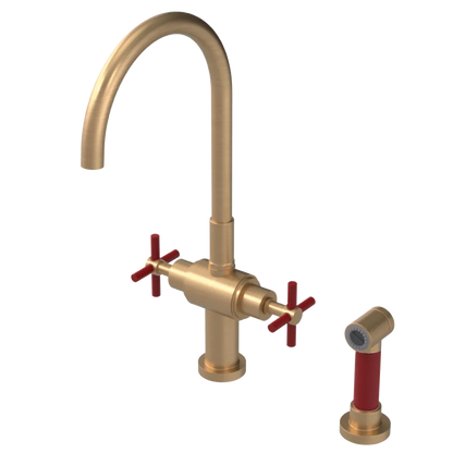 Rubinet Two Handle Single Hole Kitchen Set with LaSalle Spout with Hand Spray Satin Gold