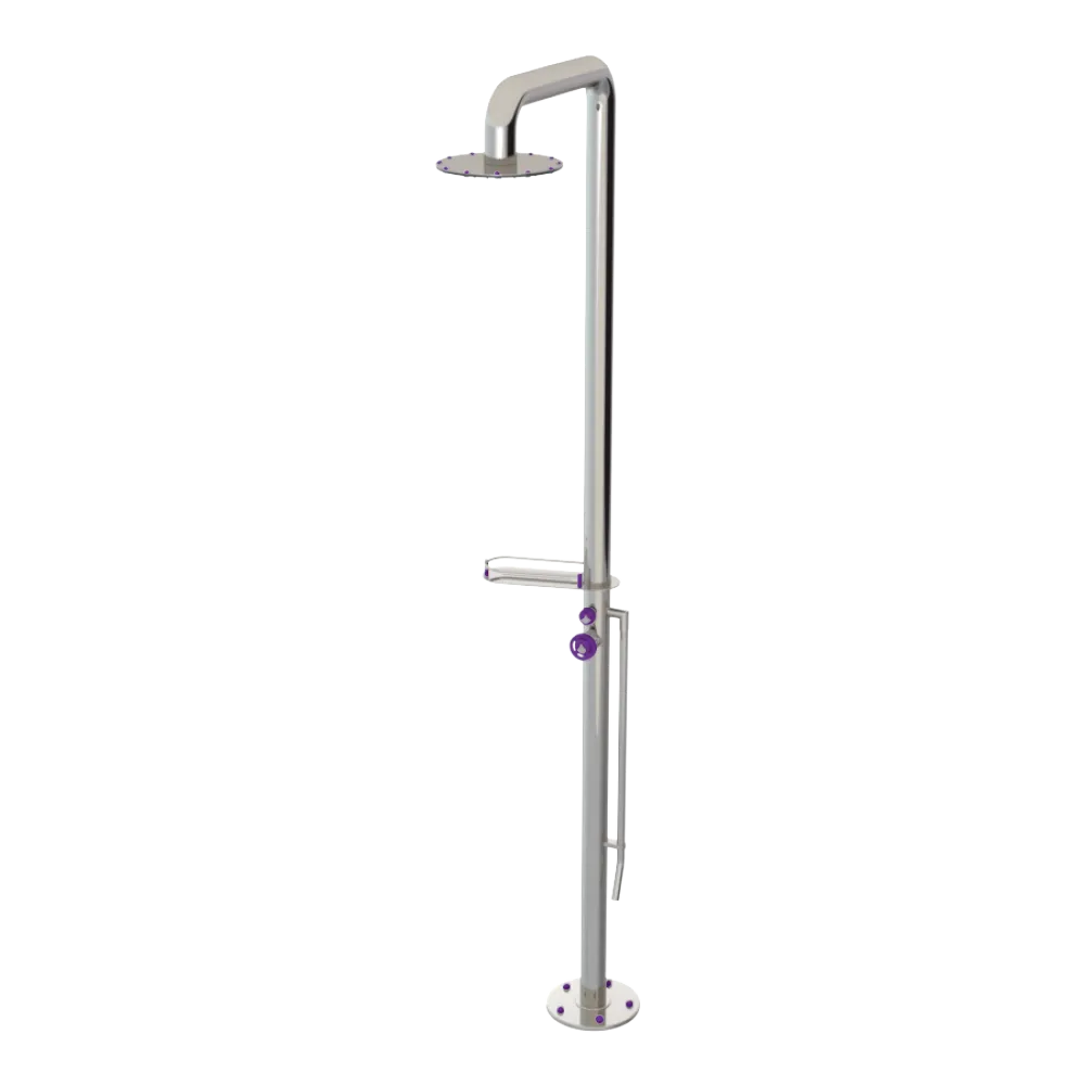 Rubinet Pressure Balance Outdoor Shower with Foot Rinse & 10" Shower Head (with shelf) - 304 Stainless Steel Polished Nickel