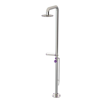 Rubinet Pressure Balance Outdoor Shower with Foot Rinse & 10" Shower Head (with shelf) - 304 Stainless Steel Polished Nickel