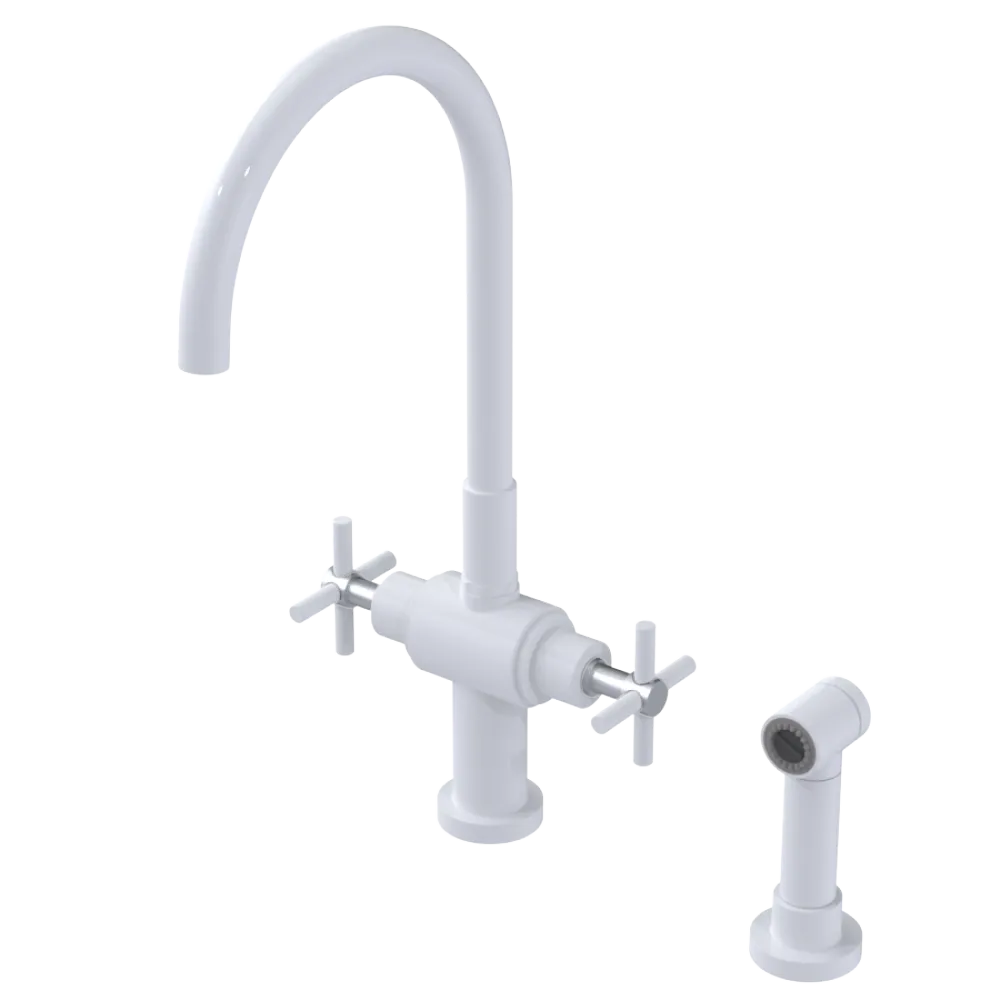 Rubinet Two Handle Single Hole Kitchen Set with LaSalle Spout with Hand Spray White