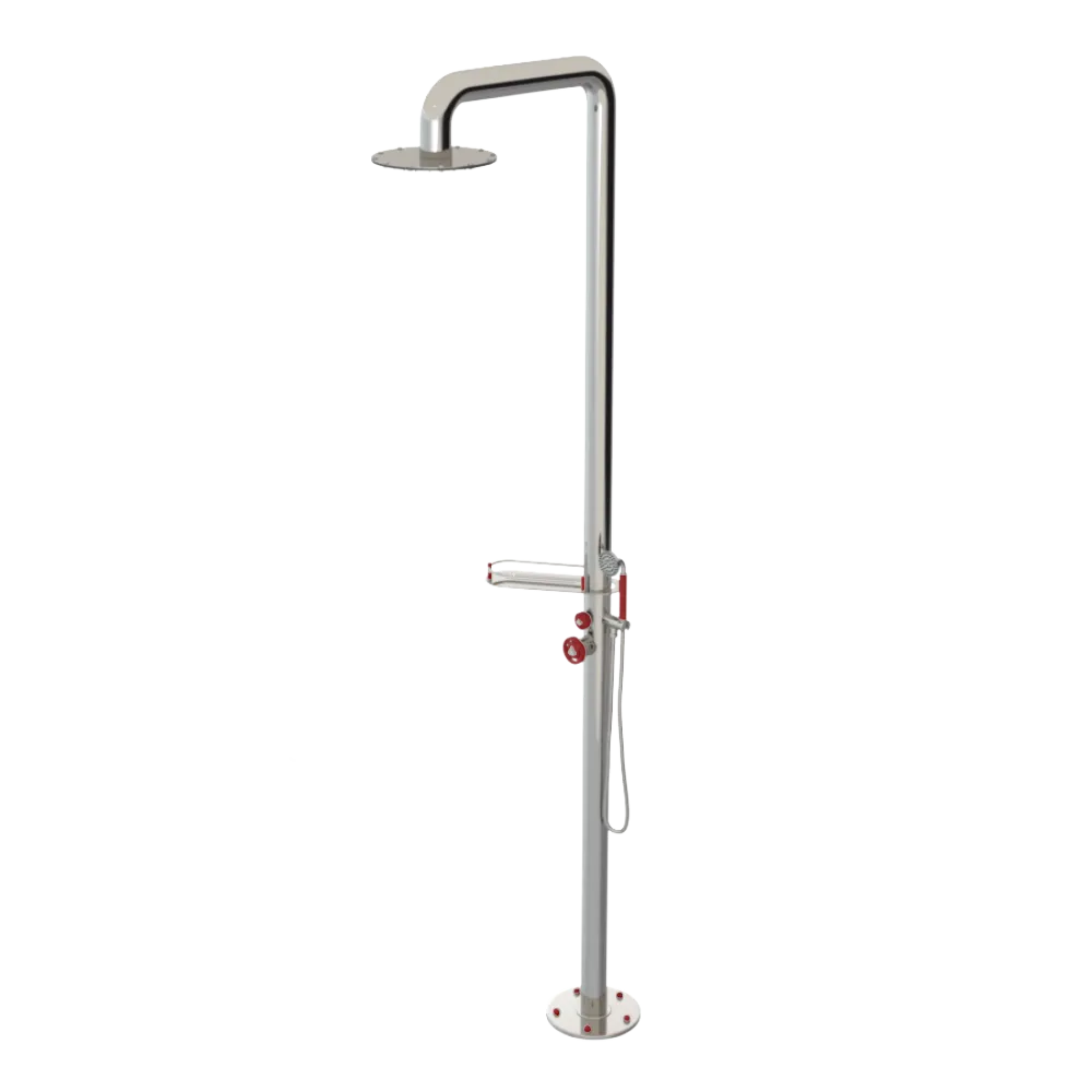 Rubinet Pressure Balance Outdoor Shower with Hand Held Shower & 10" Shower Head (with shelf) - 304 Stainless Steel Polished Nickel