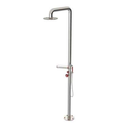 Rubinet Pressure Balance Outdoor Shower with Hand Held Shower & 10" Shower Head (with shelf) - 304 Stainless Steel Polished Nickel