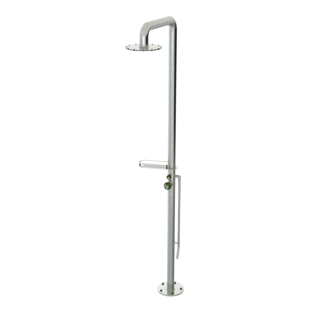 Rubinet Pressure Balance Outdoor Shower with Foot Rinse & 10" Shower Head (with shelf) - 304 Stainless Steel Satin Nickel