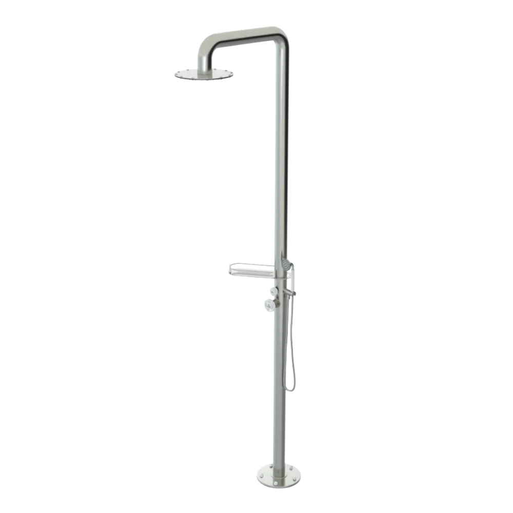 Rubinet Pressure Balance Outdoor Shower with Hand Held Shower & 10" Shower Head (with shelf) - 304 Stainless Steel Satin Nickel