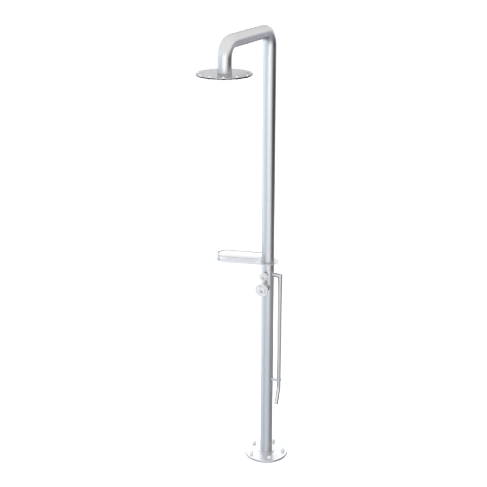 Rubinet Pressure Balance Outdoor Shower with Foot Rinse & 10" Shower Head (with shelf) - 304 Stainless Steel Satin Chrome