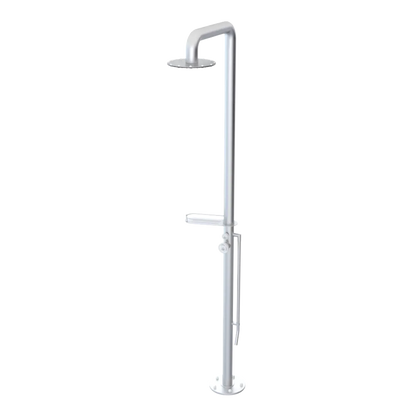 Rubinet Pressure Balance Outdoor Shower with Foot Rinse & 10" Shower Head (with shelf) - 304 Stainless Steel Satin Chrome