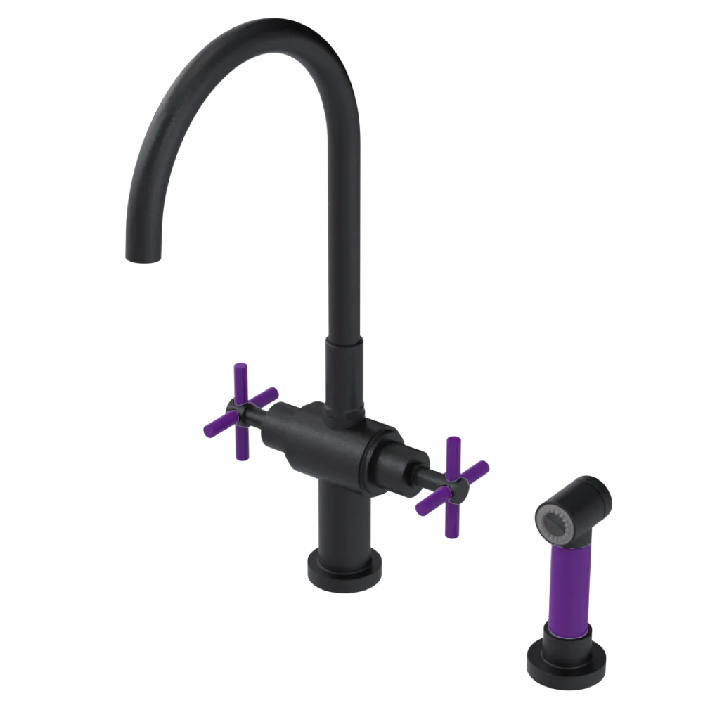 Rubinet Two Handle Single Hole Kitchen Set with LaSalle Spout with Hand Spray Matt Black
