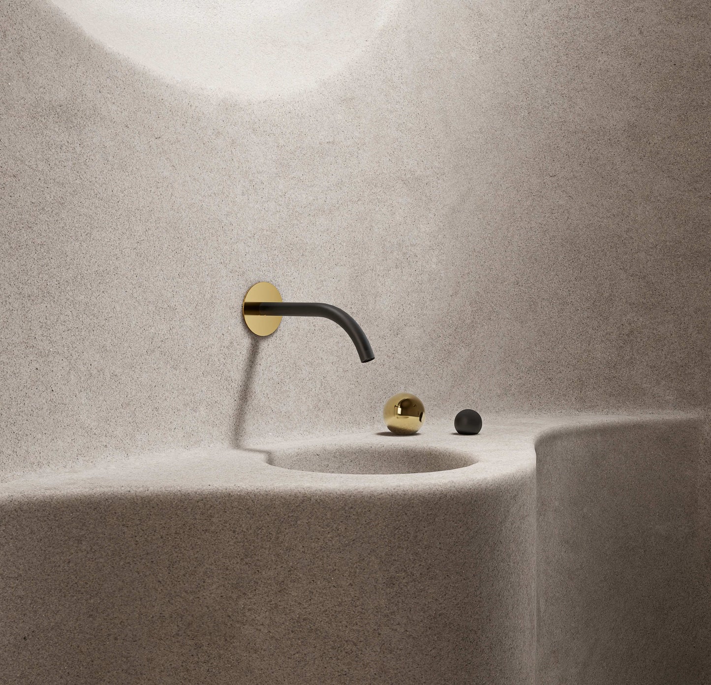 Baril Wall-mounted lavatory faucet spout with deck-mounted handles, drain not included