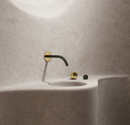 Baril Wall-mounted lavatory faucet spout with deck-mounted handles, drain not included