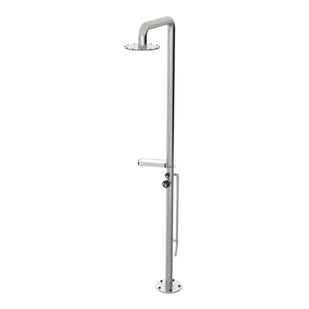 Rubinet Pressure Balance Outdoor Shower with Foot Rinse & 10" Shower Head (with shelf) - 304 Stainless Steel Satin Nickel