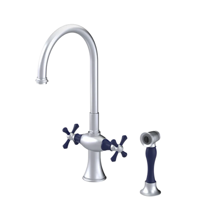 Rubinet Two Handle Single Hole Kitchen Set with Hand Spray Satin Chrome