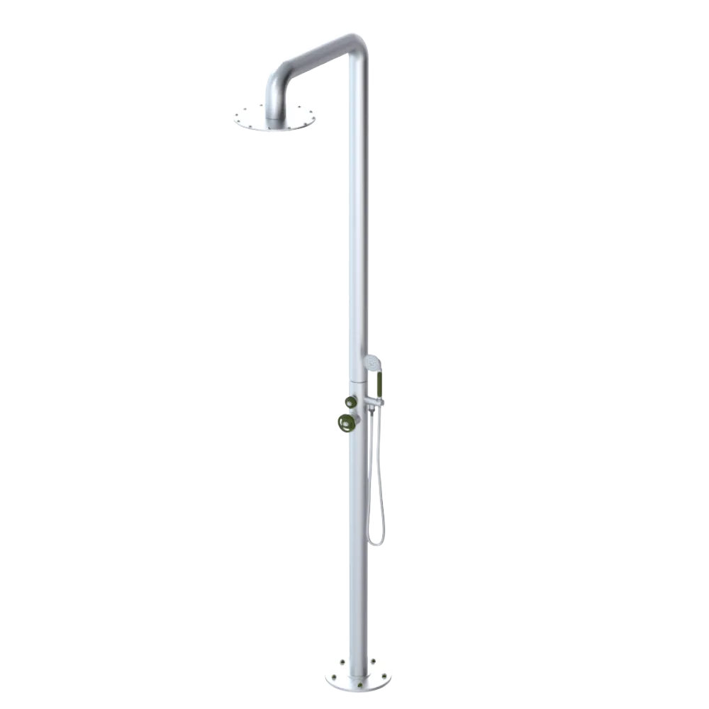 Rubinet Pressure Balance Outdoor Shower with Hand Held Shower & 10" Shower Head - 304 Stainless Steel Satin Chrome