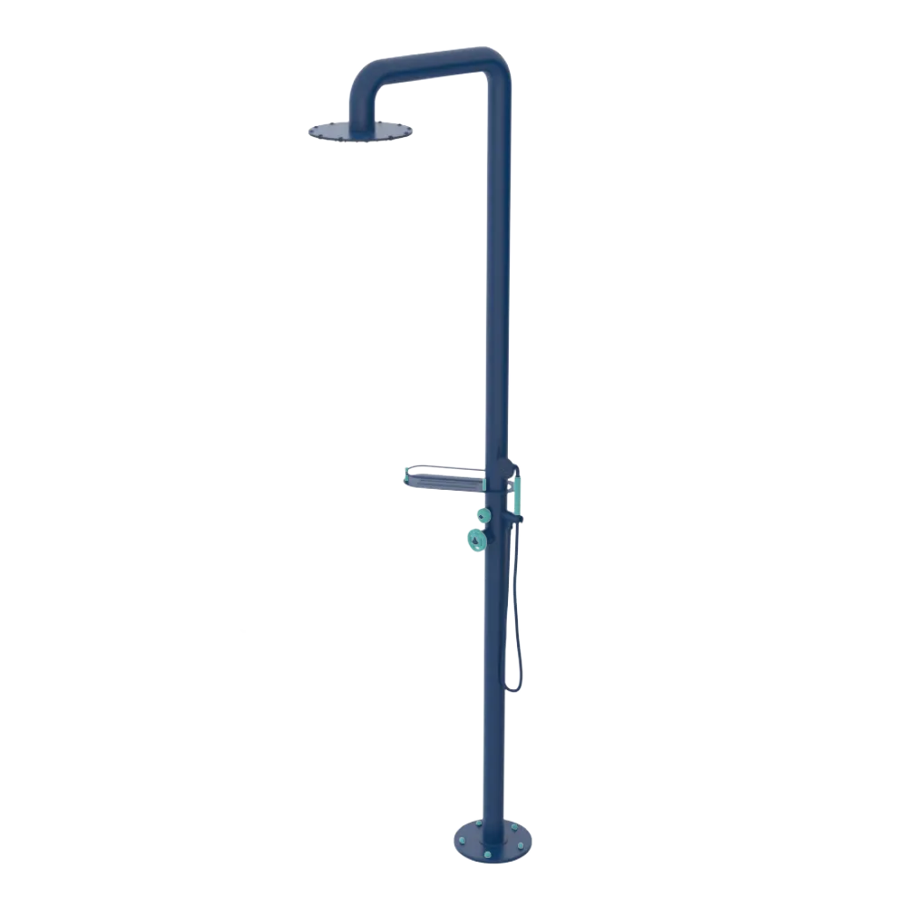 Rubinet Pressure Balance Outdoor Shower with Hand Held Shower & 10" Shower Head (with shelf) - 304 Stainless Steel Midnight Blue