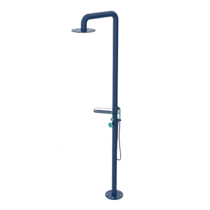 Rubinet Pressure Balance Outdoor Shower with Hand Held Shower & 10" Shower Head (with shelf) - 304 Stainless Steel Midnight Blue