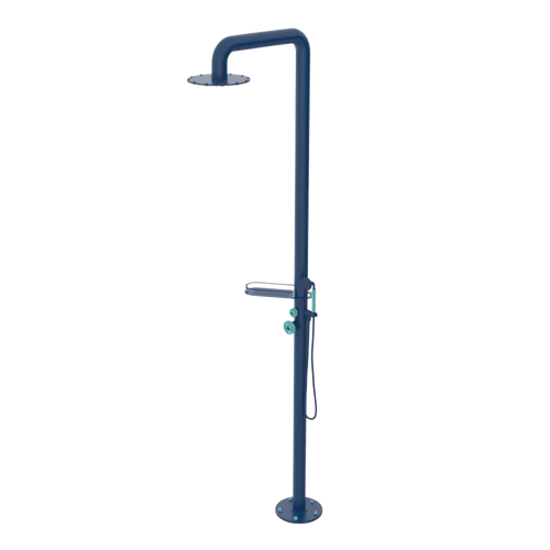 Rubinet Pressure Balance Outdoor Shower with Hand Held Shower & 10" Shower Head (with shelf) - 304 Stainless Steel Midnight Blue