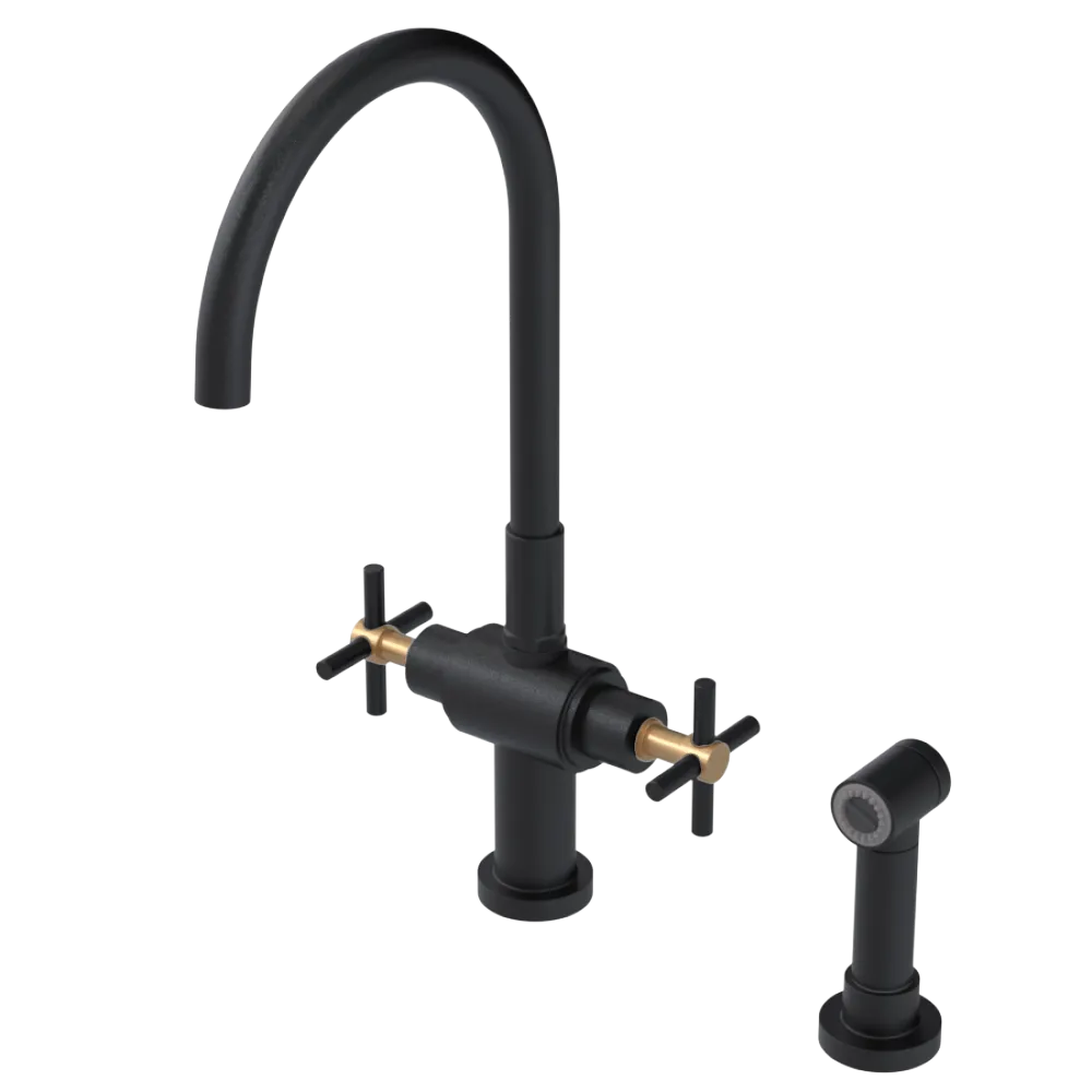 Rubinet Two Handle Single Hole Kitchen Set with LaSalle Spout with Hand Spray Matt Black