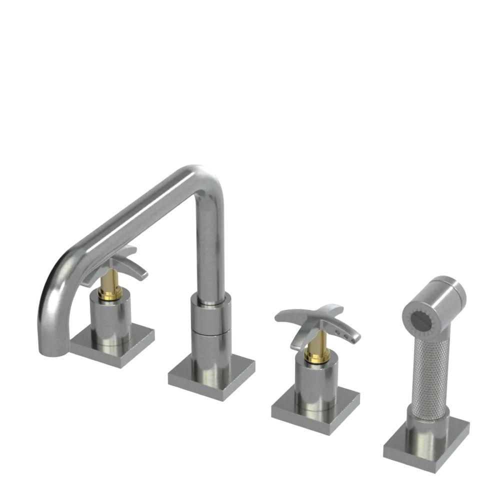 Rubinet Widespread Kitchen Set with Genesis Spout with Hand Spray Satin Nickel