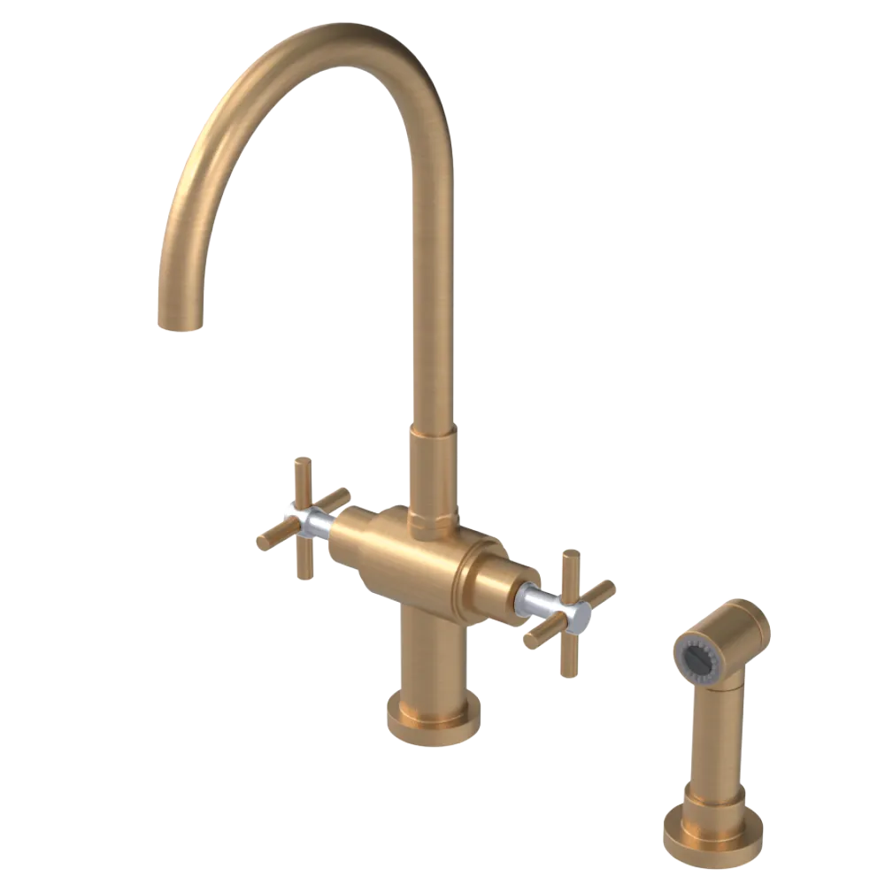 Rubinet Two Handle Single Hole Kitchen Set with LaSalle Spout with Hand Spray Satin Gold