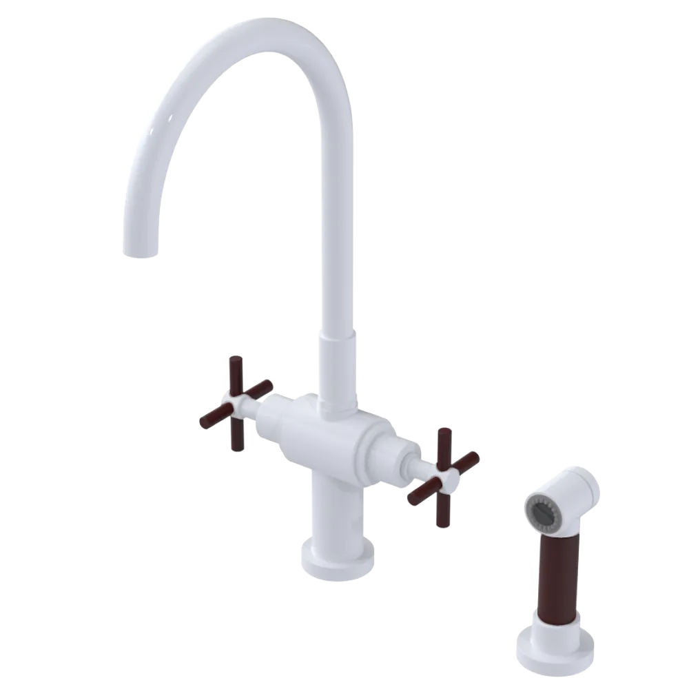 Rubinet Two Handle Single Hole Kitchen Set with LaSalle Spout with Hand Spray White