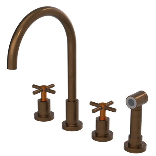 Rubinet Widespread Kitchen Set with LaSalle Spout with Hand Spray Tuscan Brass