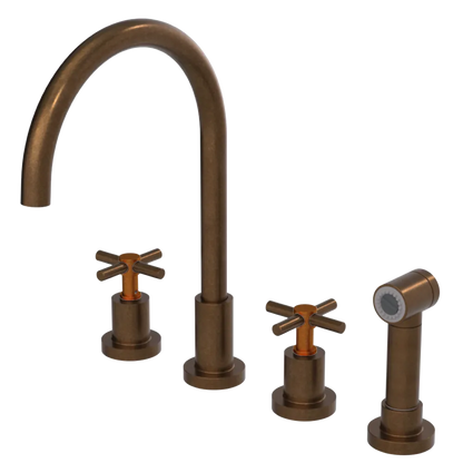 Rubinet Widespread Kitchen Set with LaSalle Spout with Hand Spray Tuscan Brass