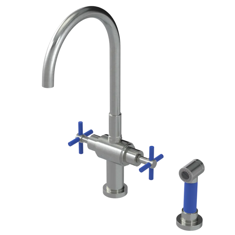 Rubinet Two Handle Single Hole Kitchen Set with LaSalle Spout with Hand Spray Satin Nickel