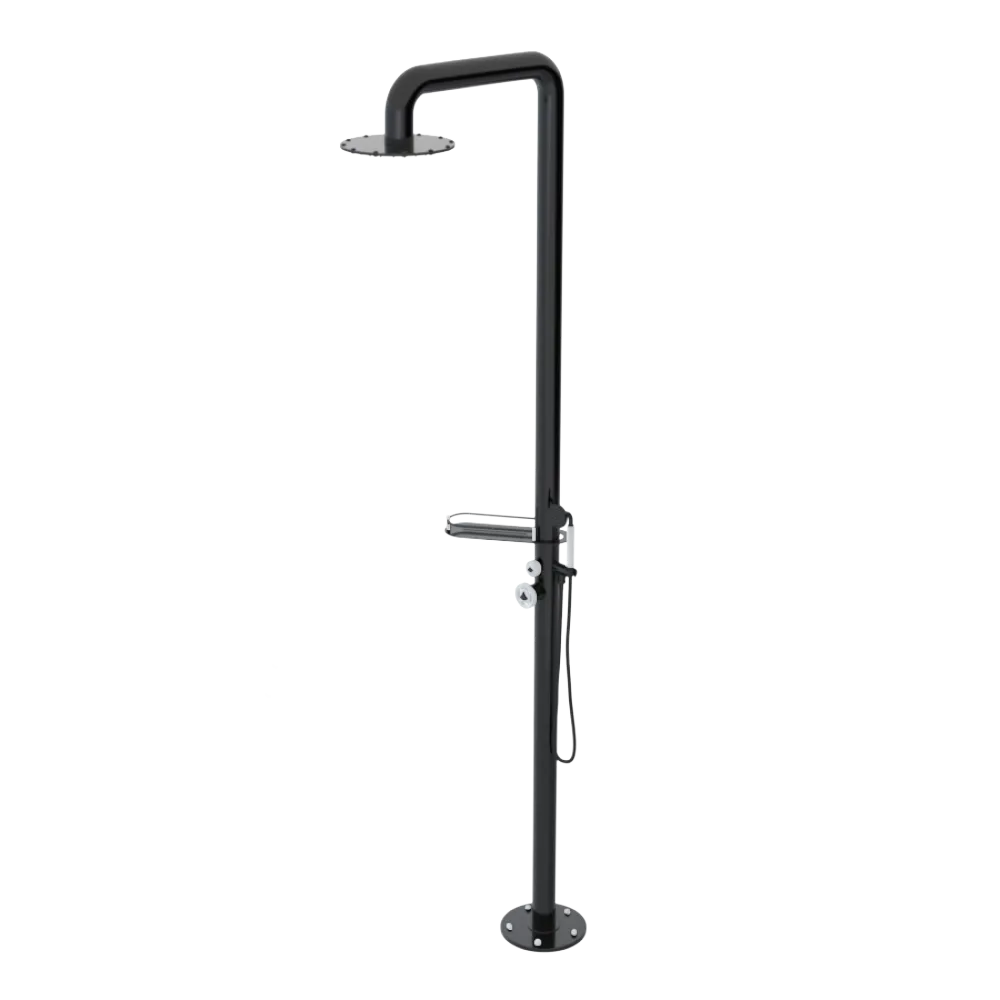 Rubinet Pressure Balance Outdoor Shower with Hand Held Shower & 10" Shower Head (with shelf) - 304 Stainless Steel Black