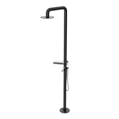 Rubinet Pressure Balance Outdoor Shower with Hand Held Shower & 10" Shower Head (with shelf) - 304 Stainless Steel Black