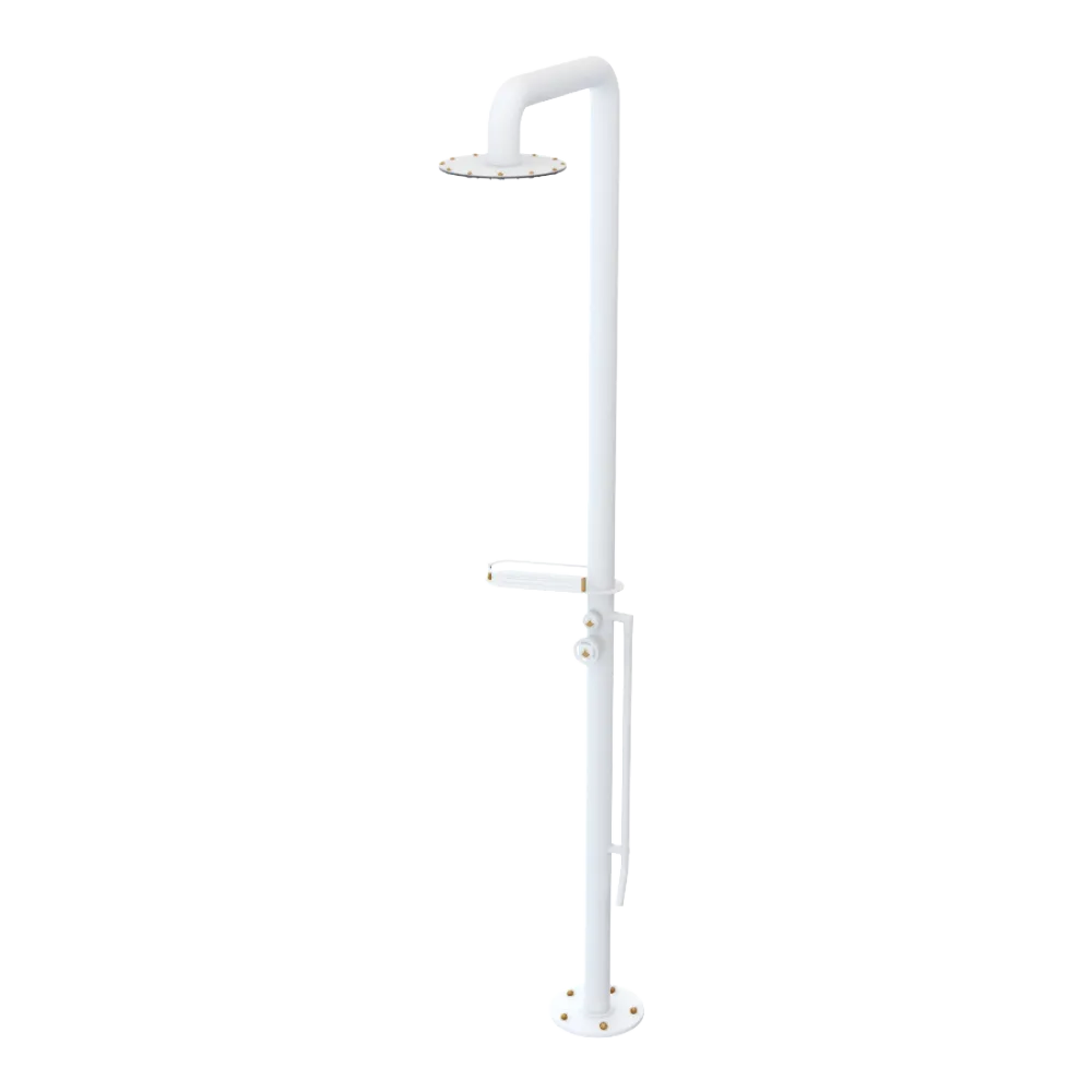 Rubinet Pressure Balance Outdoor Shower with Foot Rinse & 10" Shower Head (with shelf) - 304 Stainless Steel Matt White
