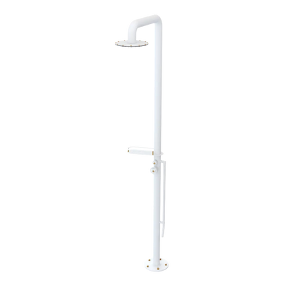Rubinet Pressure Balance Outdoor Shower with Foot Rinse & 10" Shower Head (with shelf) - 304 Stainless Steel Matt White