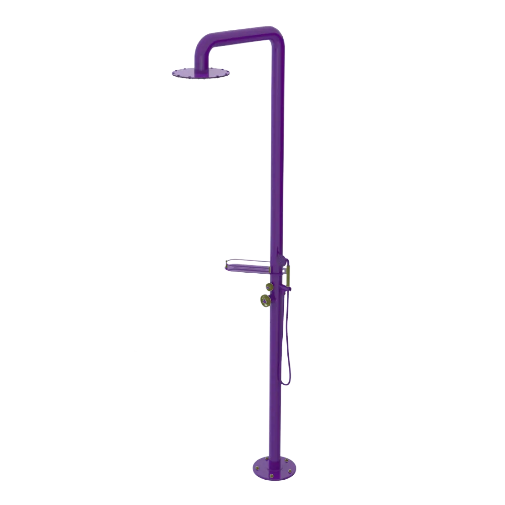 Rubinet Pressure Balance Outdoor Shower with Hand Held Shower & 10" Shower Head (with shelf) - 304 Stainless Steel Purple Haze