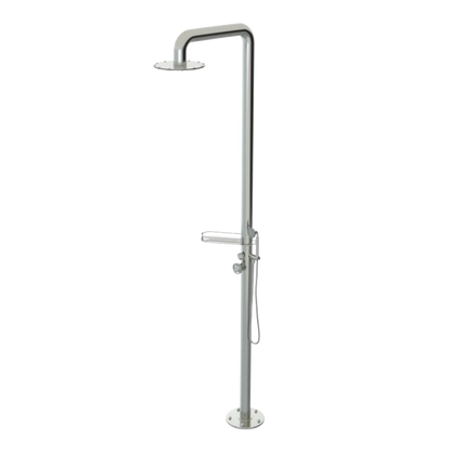 Rubinet Pressure Balance Outdoor Shower with Hand Held Shower & 10" Shower Head (with shelf) - 304 Stainless Steel Satin Nickel