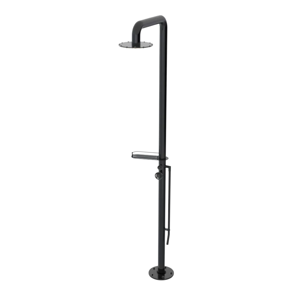 Rubinet Pressure Balance Outdoor Shower with Foot Rinse & 10" Shower Head (with shelf) - 304 Stainless Steel Black