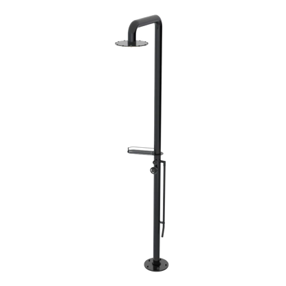 Rubinet Pressure Balance Outdoor Shower with Foot Rinse & 10" Shower Head (with shelf) - 304 Stainless Steel Black