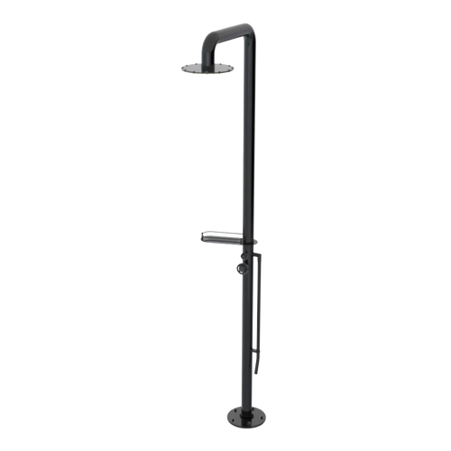 Rubinet Pressure Balance Outdoor Shower with Foot Rinse & 10" Shower Head (with shelf) - 304 Stainless Steel Black
