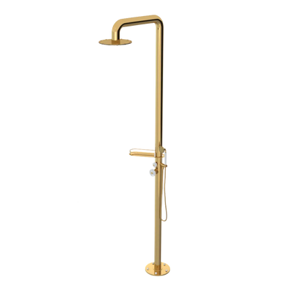 Rubinet Pressure Balance Outdoor Shower with Hand Held Shower & 10" Shower Head (with shelf) - 304 Stainless Steel Gold