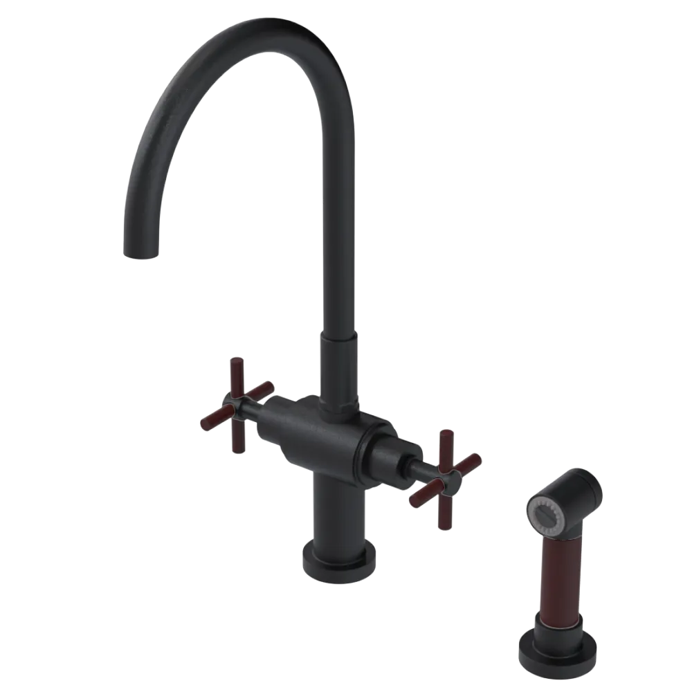 Rubinet Two Handle Single Hole Kitchen Set with LaSalle Spout with Hand Spray Matt Black