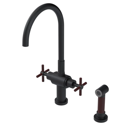 Rubinet Two Handle Single Hole Kitchen Set with LaSalle Spout with Hand Spray Matt Black