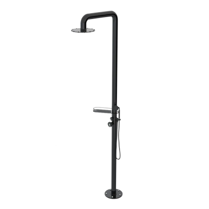 Rubinet Pressure Balance Outdoor Shower with Hand Held Shower & 10" Shower Head (with shelf) - 304 Stainless Steel Black