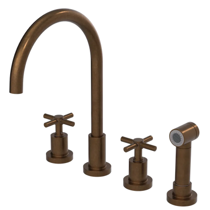 Rubinet Widespread Kitchen Set with LaSalle Spout with Hand Spray Tuscan Brass