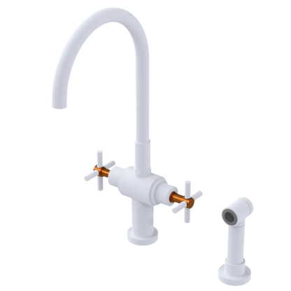 Rubinet Two Handle Single Hole Kitchen Set with LaSalle Spout with Hand Spray Matt White