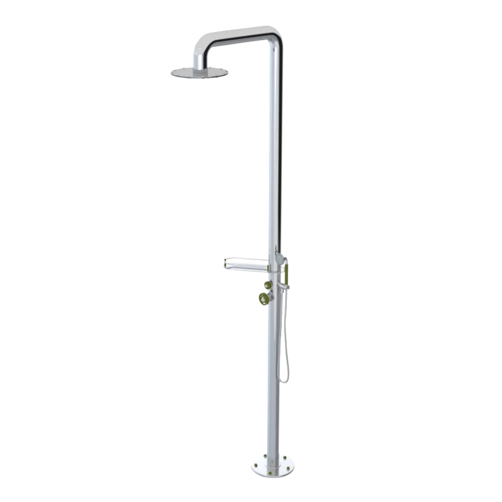 Rubinet Pressure Balance Outdoor Shower with Hand Held Shower & 10" Shower Head (with shelf) - 304 Stainless Steel Chrome