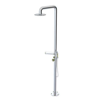 Rubinet Pressure Balance Outdoor Shower with Hand Held Shower & 10" Shower Head (with shelf) - 304 Stainless Steel Chrome