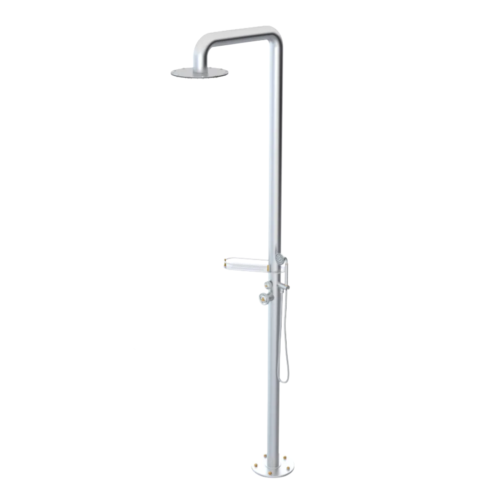 Rubinet Pressure Balance Outdoor Shower with Hand Held Shower & 10" Shower Head (with shelf) - 304 Stainless Steel Satin Chrome