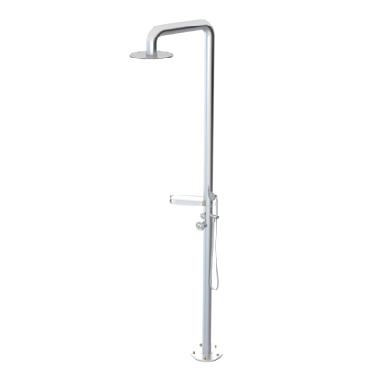 Rubinet Pressure Balance Outdoor Shower with Hand Held Shower & 10" Shower Head (with shelf) - 304 Stainless Steel Satin Chrome