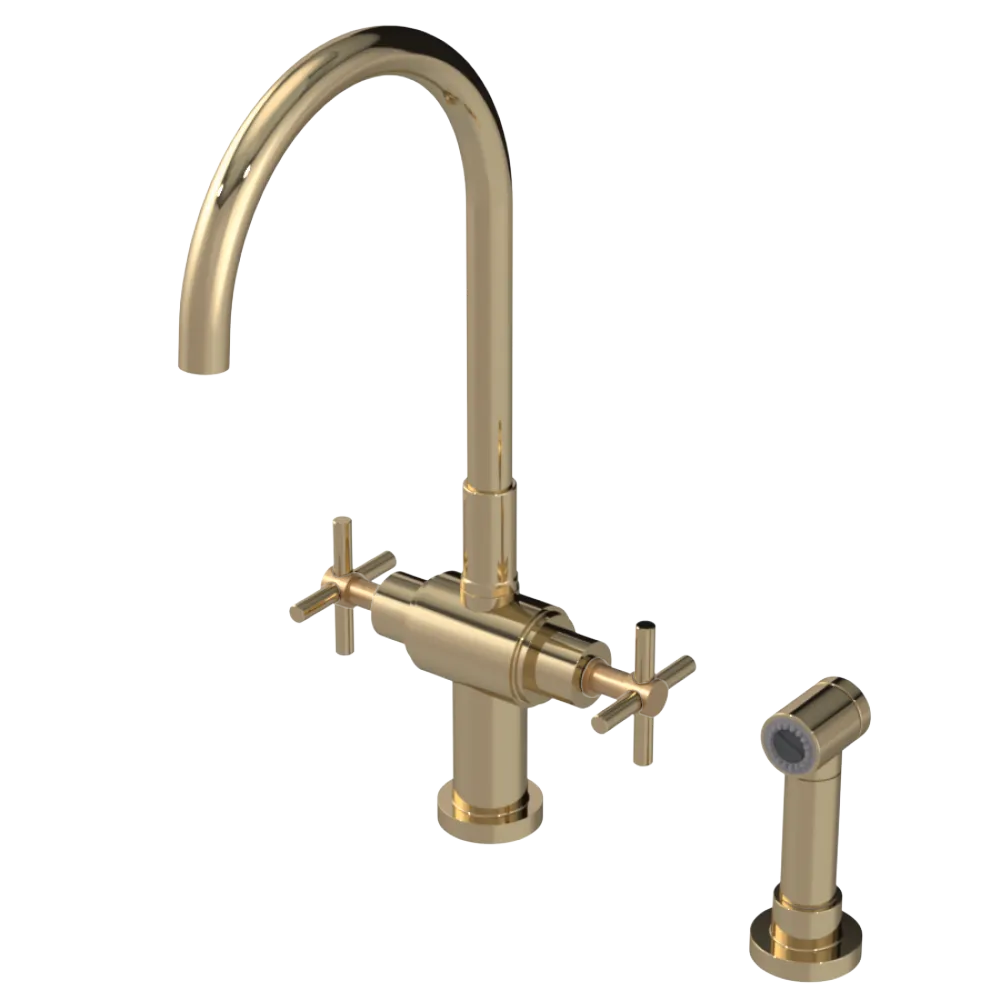 Rubinet Two Handle Single Hole Kitchen Set with LaSalle Spout with Hand Spray Gold