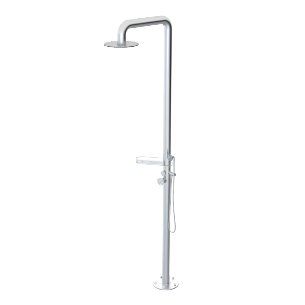 Rubinet Pressure Balance Outdoor Shower with Hand Held Shower & 10" Shower Head (with shelf) - 304 Stainless Steel Satin Chrome