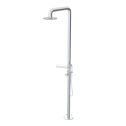 Rubinet Pressure Balance Outdoor Shower with Hand Held Shower & 10" Shower Head (with shelf) - 304 Stainless Steel Satin Chrome